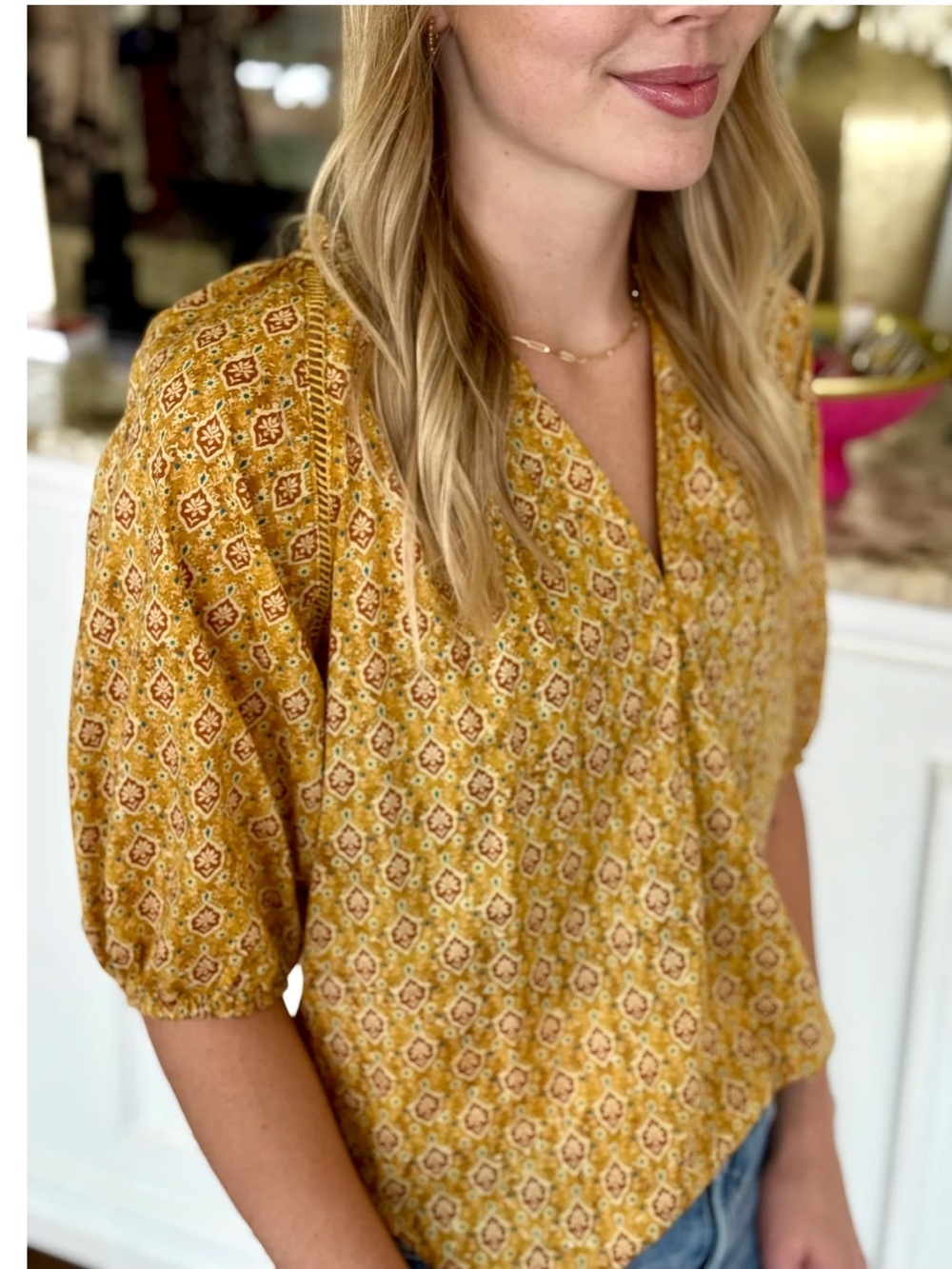 Dear John Denim Costa Novelty Top Marigold Calico Boho Blouse Size L - Picture 2 of 6